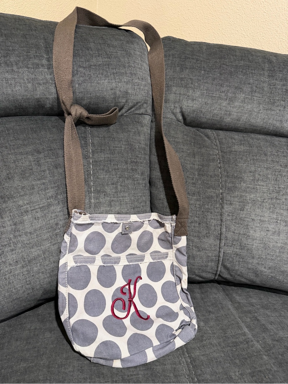Gray Polka Dot Crossbody Bag with Red Monogram